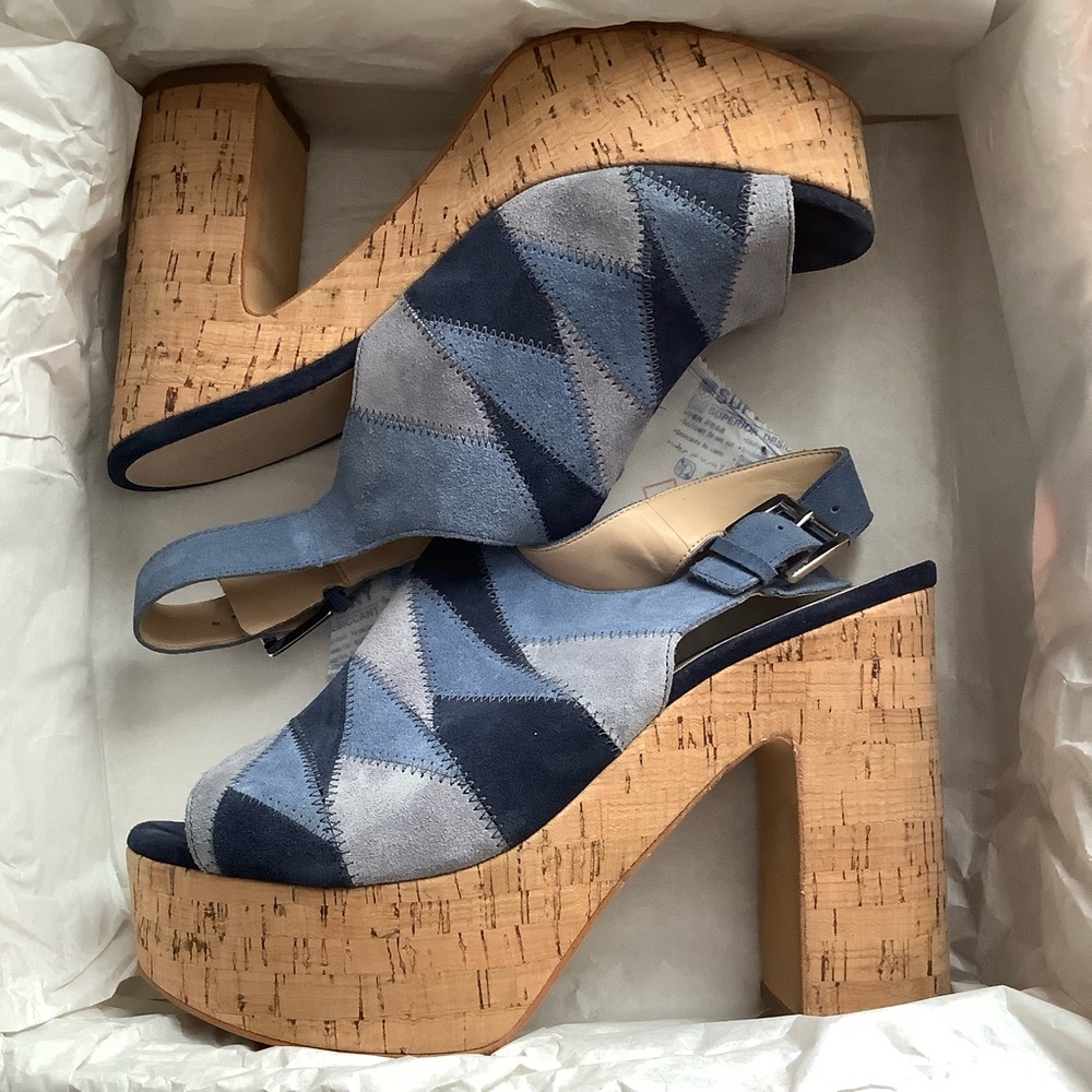 Marc Fisher ML Queenie Blue Multi Suede Platform Sandals Size 9.5M Preowned